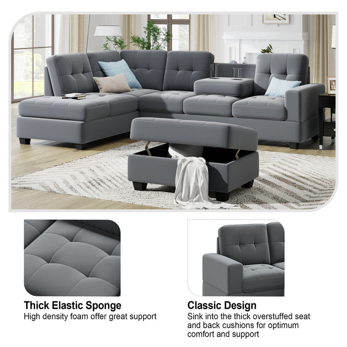 Sectional Sofa With Reversible Chaise Lounge, L-Shaped Couch With Storage Ottoman And Cup Holders