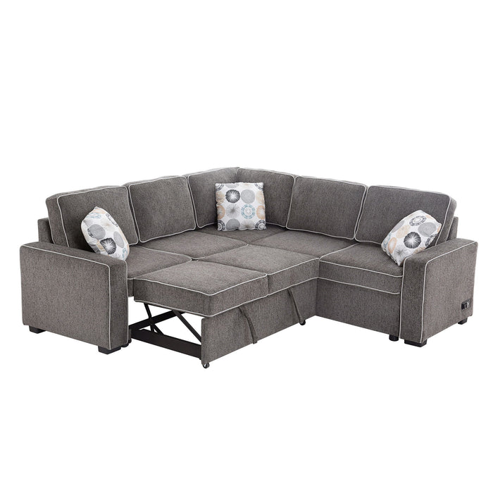 L-Shaped Pull Out Sofa Bed Modern Convertible Sleeper Sofa With 2 USB Ports, 2 Power Sockets, 3 Pillows For Living Room - Gray