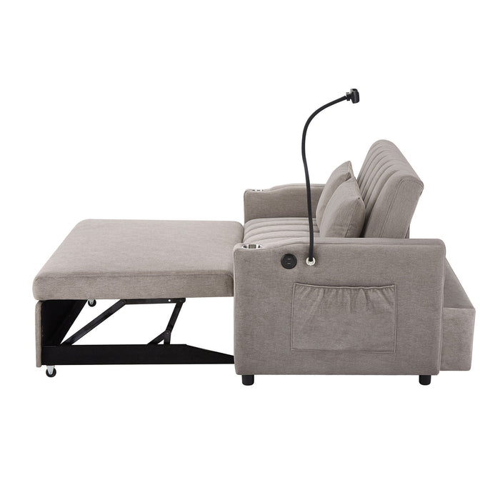 Convertible Sofa Bed Loveseat Sofa With Three USB Ports, Two Side Pockets, Two Cup Holders And 360° swivel Phone Holder For Living Room