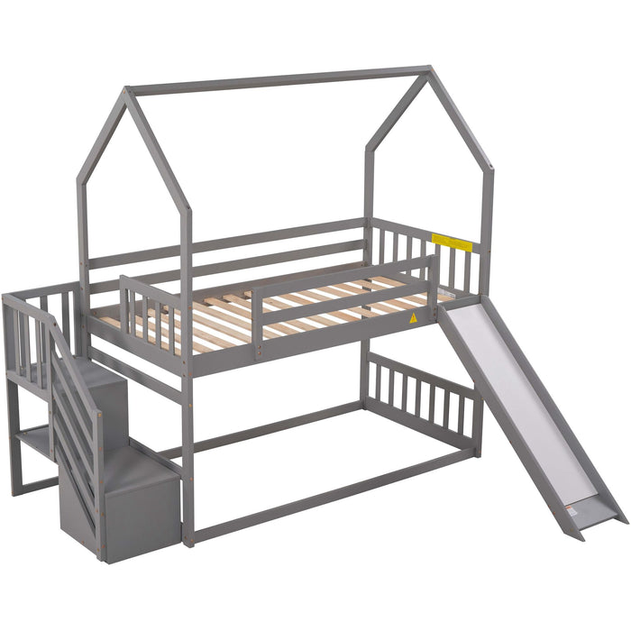 Twin Over Twin House Bunk Bed With Convertible Slide, Storage Staircase