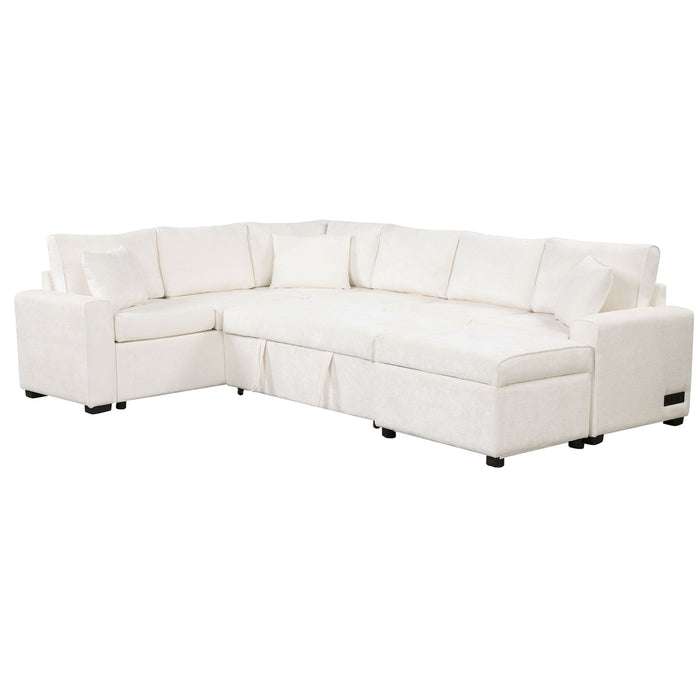 Sectional Sofa Pull-Out Sofa Bed Sleeper With A Storage Ottoman, Three Pillows And Charging Devices For Living Room