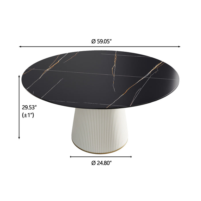 Modern Artificial Stone Round Plywood PU Base Dining Table, Can Accommodate 8 People, (Not Including Chairs) - Black / Beige