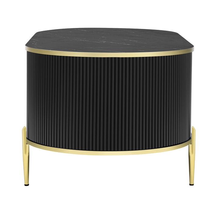 Modern Luxury Oval Shaped Fluted Coffee Table, Marble - Patterned Top Coffee Table With 2 Cabinets, Metal Legs And Handles For Living Room