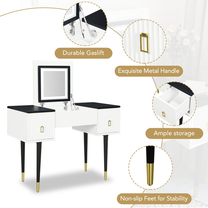 Modern Vanity Table Set With Flip-Top Mirror And Led Light, Dressing Table With Customizable Storage - White / Black