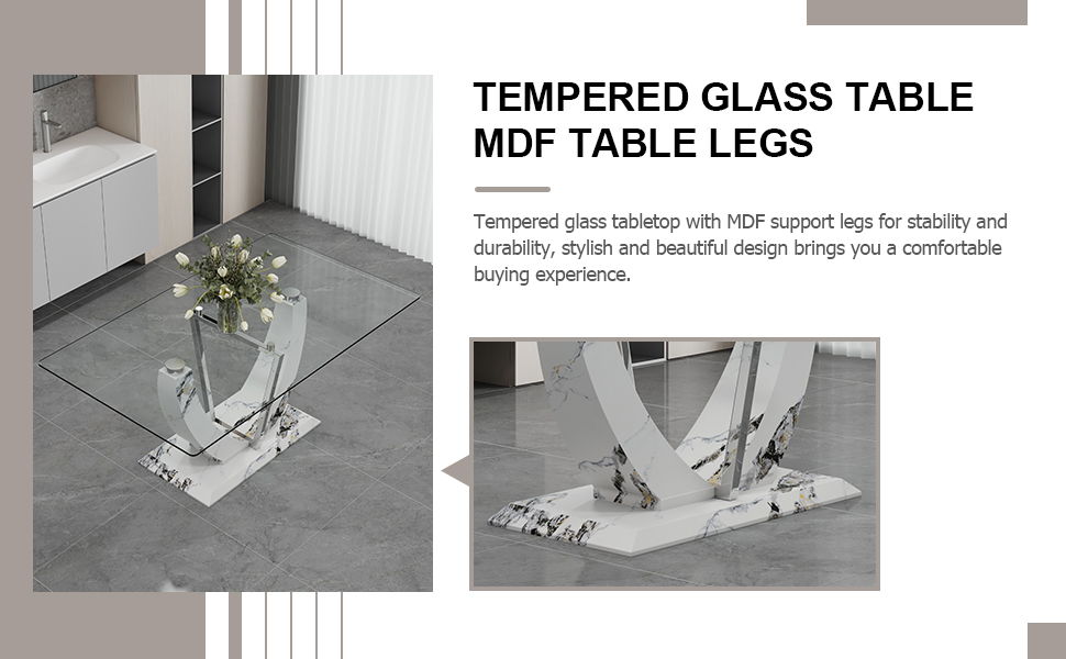 Table And Chair Set, Large Modern Rectangular Glass Table, Can Accommodate 6-8 People, Equipped With A 0.39" Tempered Glass Tabletop And MDF Table Legs.Paired With Comfortable And Soft Chairs - White / Pearl Silver