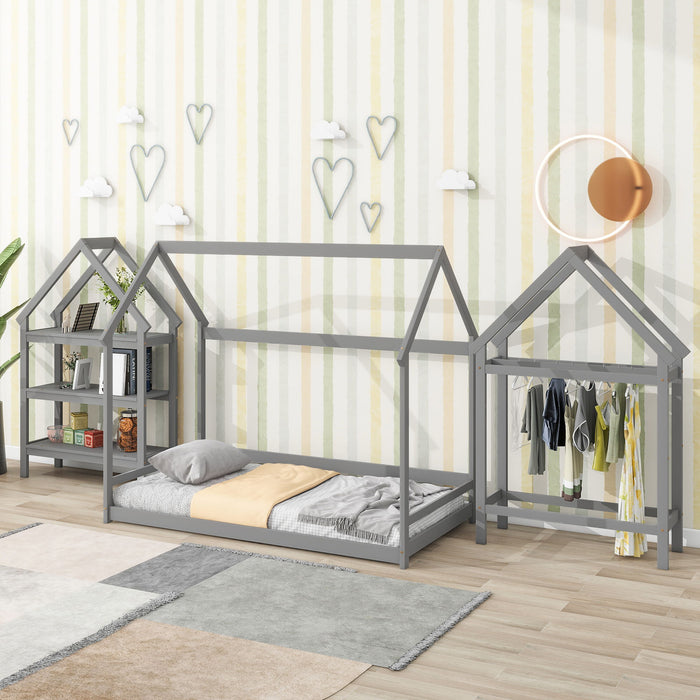 Wood House Bed With Storage Shelf And Hanger, Kids Bedroom Set