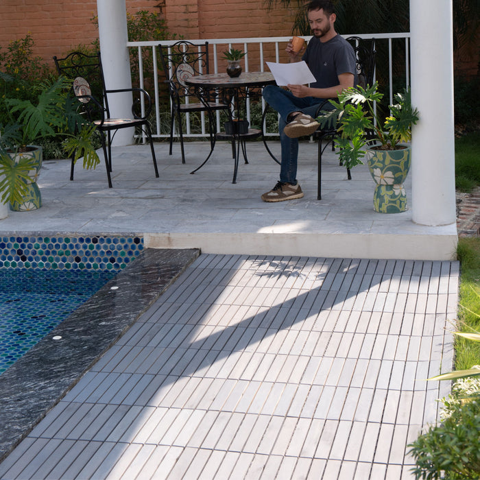 Interlocking Deck Tiles Striped Pattern, Square Acacia Hardwood Outdoor Flooring For Patio, Bancony, Pool Side