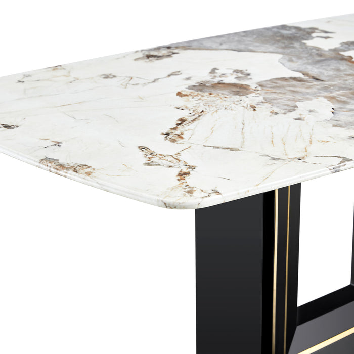 Rectangular Marble Dining Table, Luxurious Dining Room Table With Faux Marble Top And U-Shape MDF Base, Modern Kitchen Dining Table For Kitchen Living Dining Room - White / Black