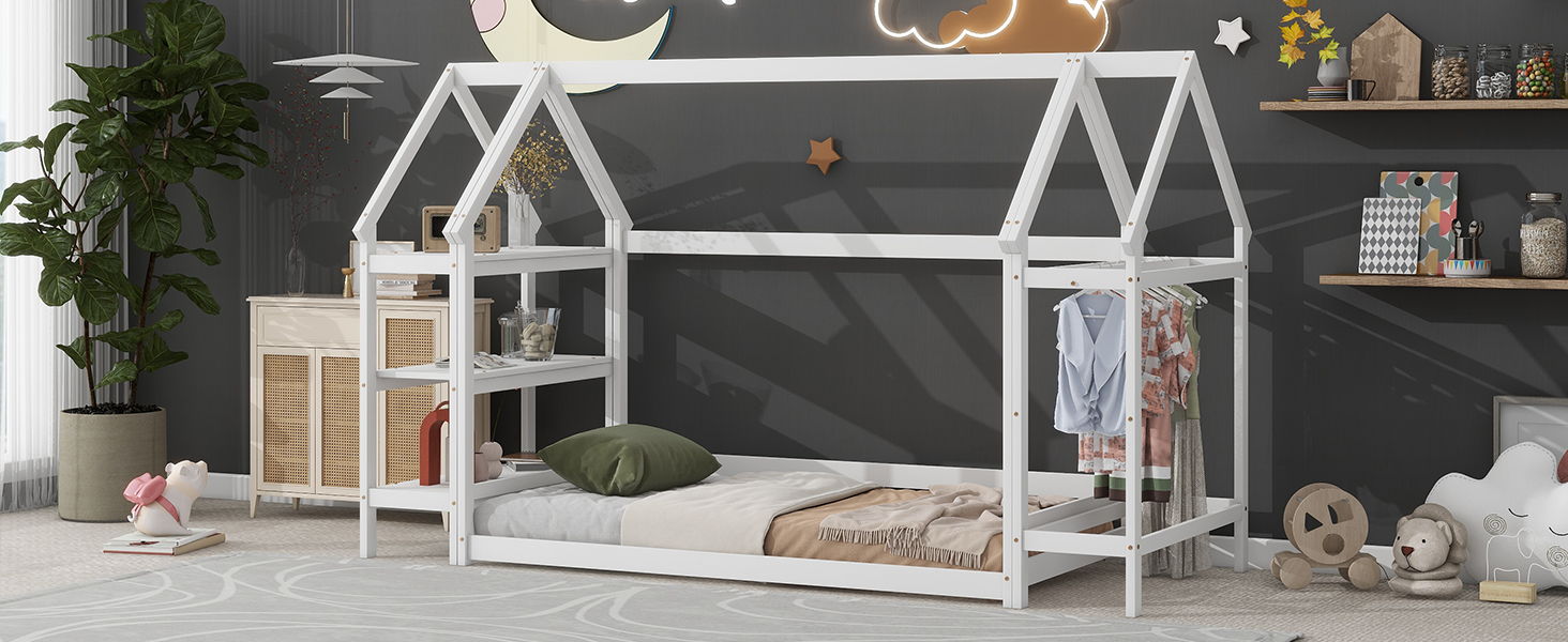 Wood House Bed With Storage Shelf And Hanger, Kids Bedroom Set