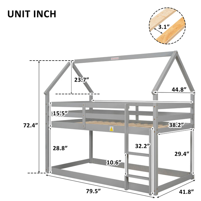 Twin Over Twin Loft Bed With Roof Design, Safety Guardrail, Ladder