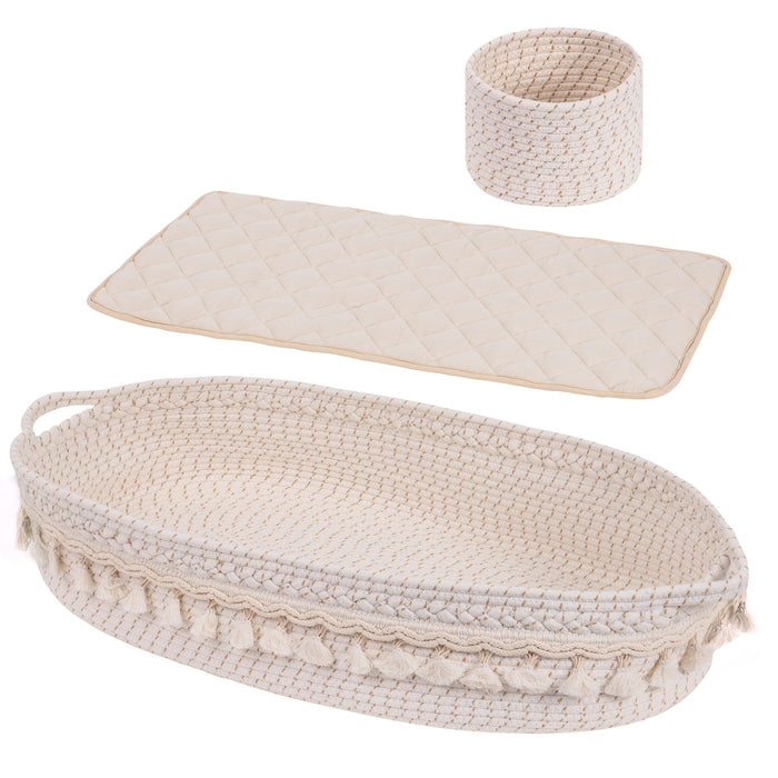 Baby Changing Basket, Handmade Woven Cotton Rope Moses Basket, Changing Table Top per With Mattress Pad - White & Brown