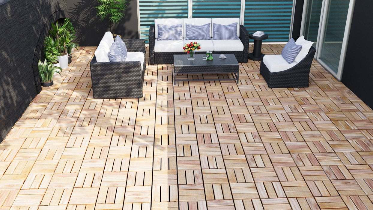 Interlocking Deck Tiles Striped Pattern, Square Acacia Hardwood Outdoor Flooring For Patio, Bancony, Pool Side