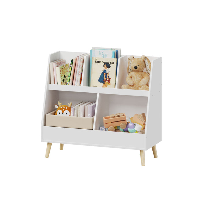 Kids Bookshelf And Toy Organizer, 5 Cubbies Wooden Open Bookcase, 2-Tier Baby Storage Display Organizer With Legs, Free Standing For Playing Room, Bedroom, Nursery, Classroom - White