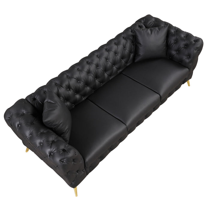 Modern Sofa Couch PU Upholstered Sofa With Sturdy Metal Legs, Button Tufted Back, 3 Seater Sofa Couch For Living Room, Apartment, Home Office - Black