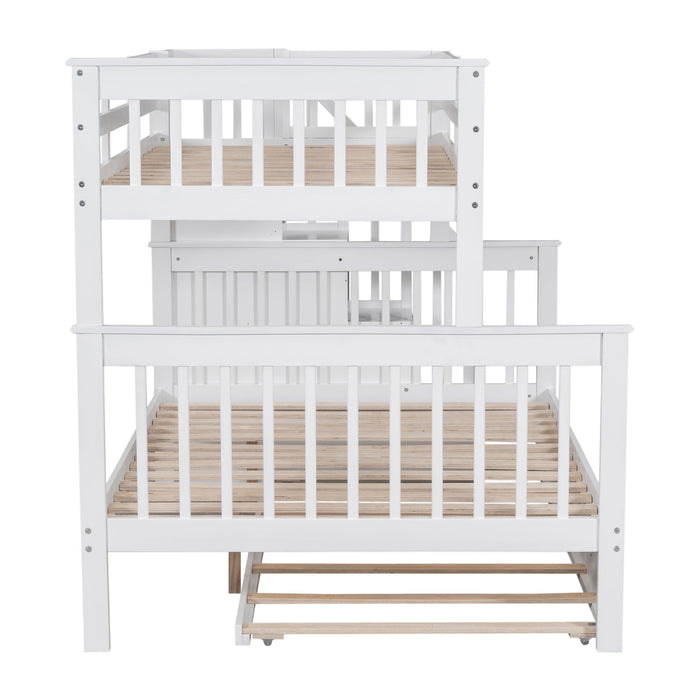 Twin Over Full Bunk Bed With Twin Size Trundle, Storage And Guard Rail For Bedroom, Dorm, For Adults - White