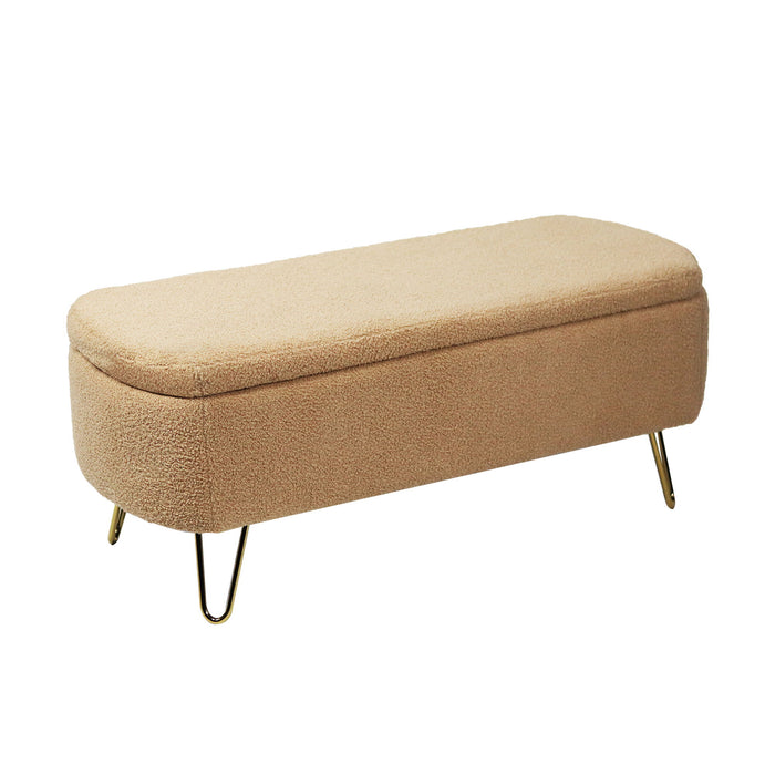 Storage Ottoman Bench For End Of Bed Gold Legs, Modern Camel Faux Fur Entryway Bench Upholstered Padded With Storage For Living Room Bedroom