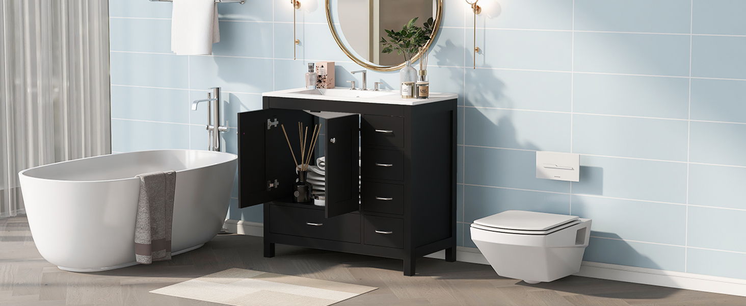 Bathroom Vanity With Ceramic Sink Combo, Abundant Storage Cabinet -2 Soft-Close Doors And 5 Drawers