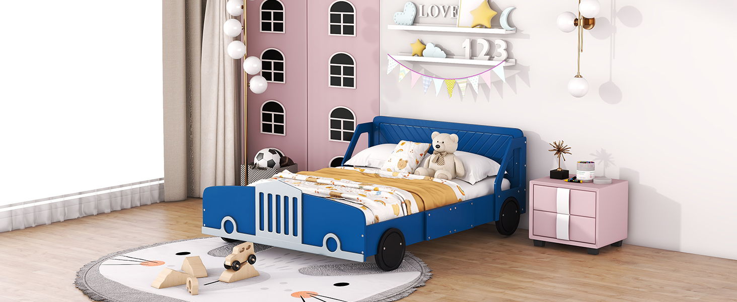 Full Size Car-Shaped Platform Bed With Wheels - Blue