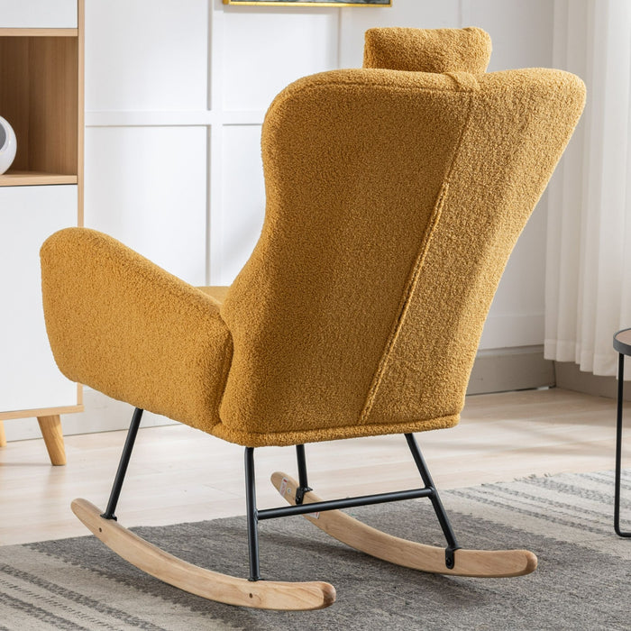 35.5" Rocking Chair With Pocket, Soft Teddy Fabric Rocking Chair For Nursery, Comfy Wingback Glider Rocker With Safe Solid Wood Base For Living Room Bedroom Balcony - Turmeric