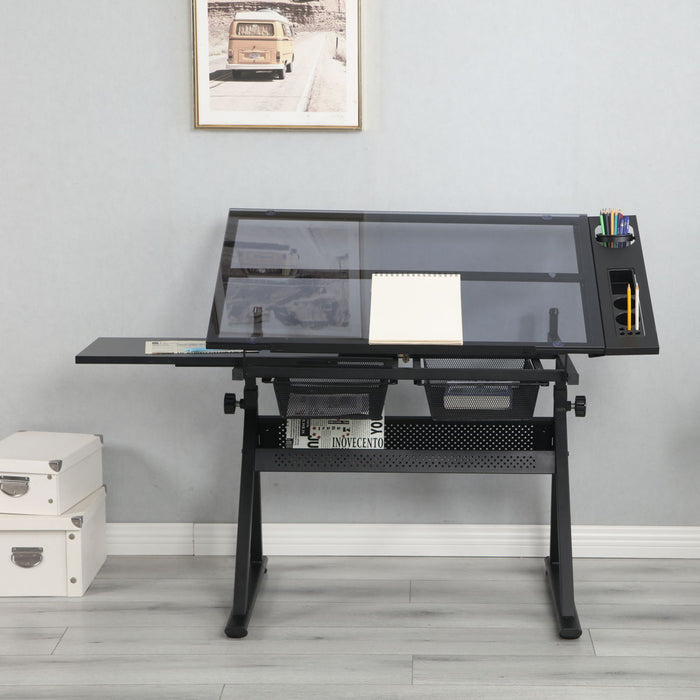 Adjustable Tempered Glass Drafting Printing Table - Black