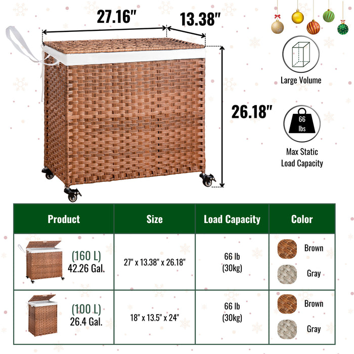 Laundry Hamper With Lid PE Rattan Powder Coating Frame Clothes Hampers With 2 Removable Bags