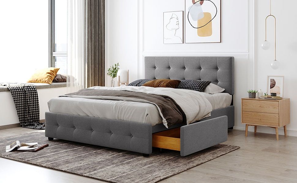 Queen Size Upholstered Platform Bed With Classic Headboard And 4 Drawers, No Box Spring Needed - Light Gray