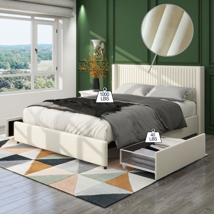 Anna - Upholstered Wingback Platform Bed With 4 Drawers Storage