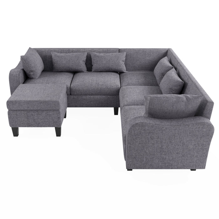 Modern Sectional Sofa With Coffee Table, 6 Seat Couch Set With Storage Ottoman, Various Combinations, L-Shape Indoor Furniture With Unique Armrests For Living Room (6 Pillows)