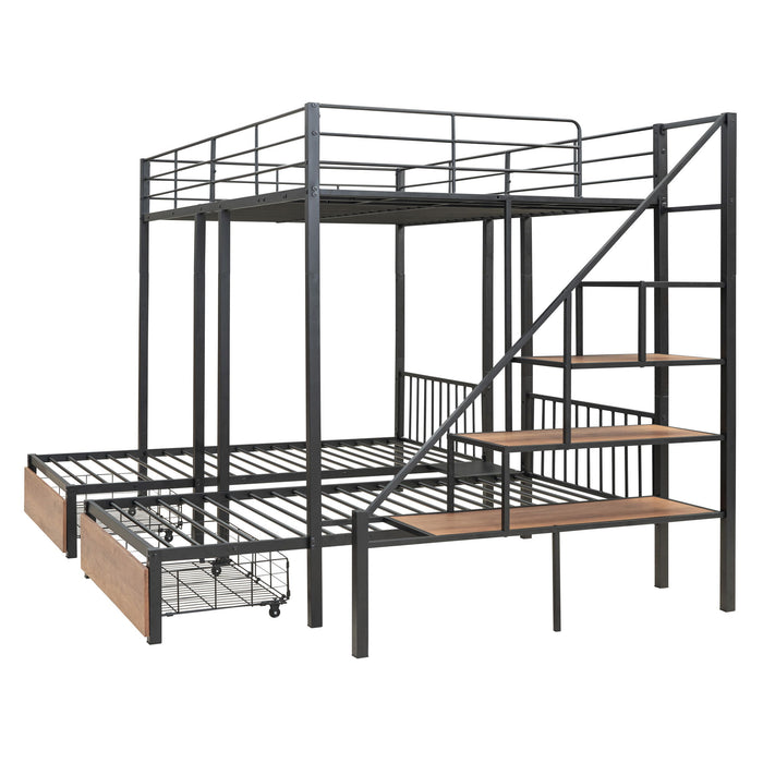 Full Over Twin-Twin Triple Bunk Bed With Drawers And Staircase - Black