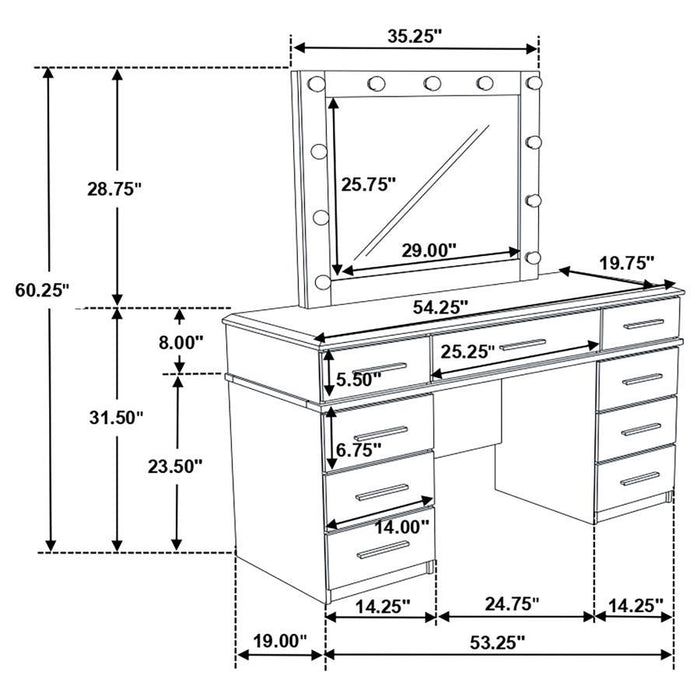 Felicity - 9-Drawer Vanity Table With Lighted Mirror - Glossy White