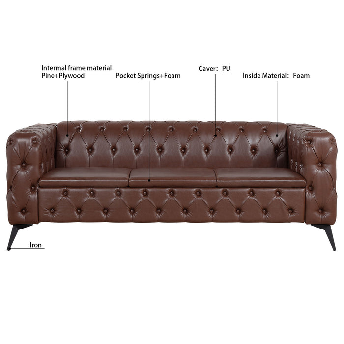 84.06" Width Traditional Square Arm Removable Cushion 3 Seater Sofa - Dark Brown