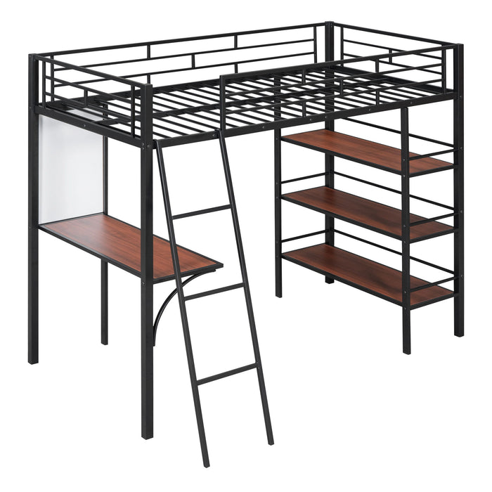 Loft Metal Bed With 3 Layers Of Shelves And Desk, Stylish Metal Frame Bed With Whiteboard