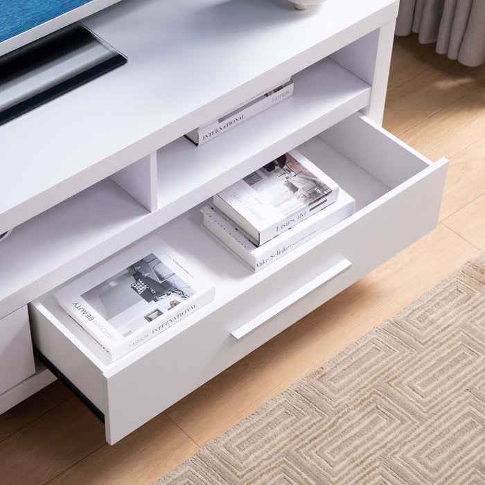 Modern TV Stand With Three Open Shelves And Two Drawers With Stylish Media Storage