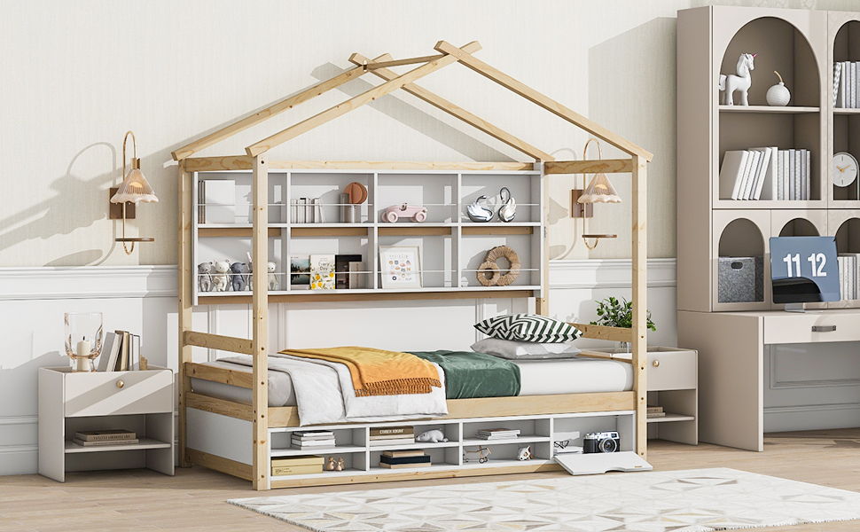 House Bed With Roof Frame, Bedside-Shelves, Under Bed Storage Unit