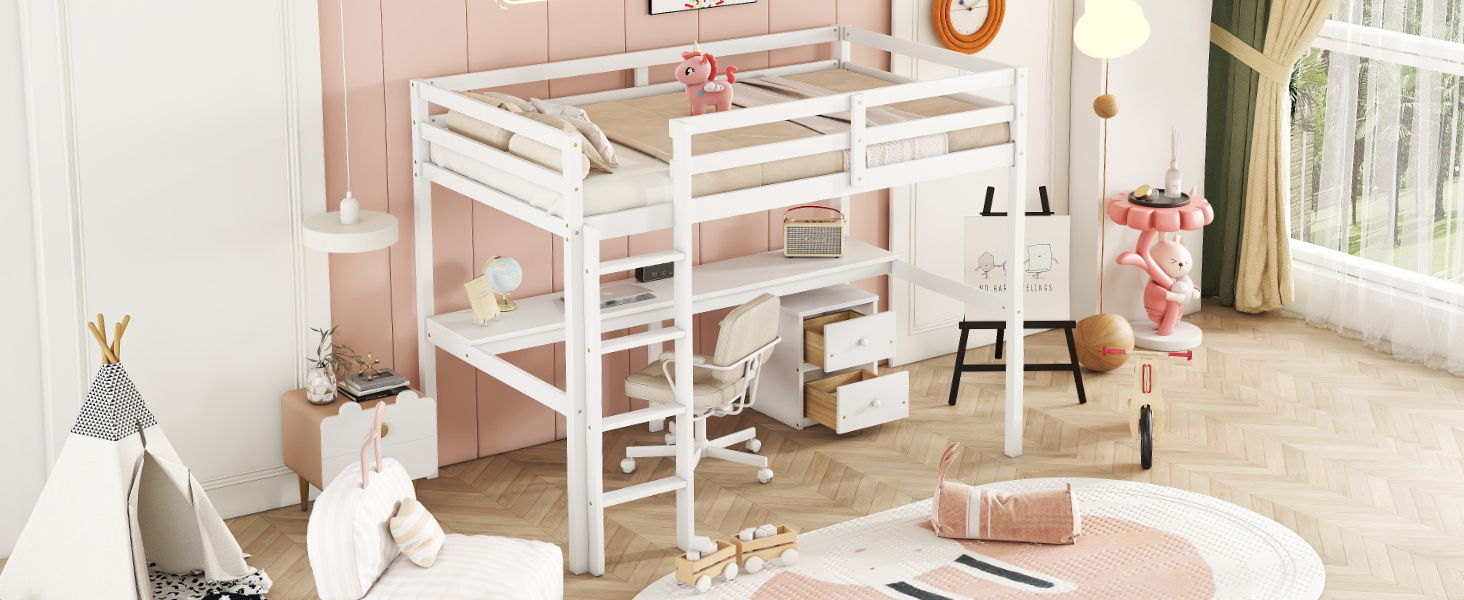 Loft Wood Bed With Under-Bed, Built-In Desk, A Storage Cabinet Of 2 Drawers, Guardrails, Ladder