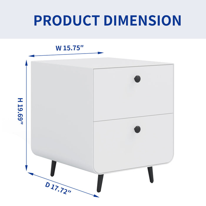 Modern Night Stand Storage Cabinet For Living Room Bedroom, Steel Cabinet With 2 Drawers, Bedside Furniture, Circular Handle - White