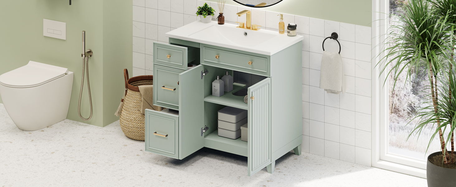 Bathroom Vanity, Transitional Style Bathroom Cabinet With Resin Sink, Single Bathroom Cabinet, With 2 Drawers And 1 Adjustable Storage Shelf, 2 Soft-Close Doors