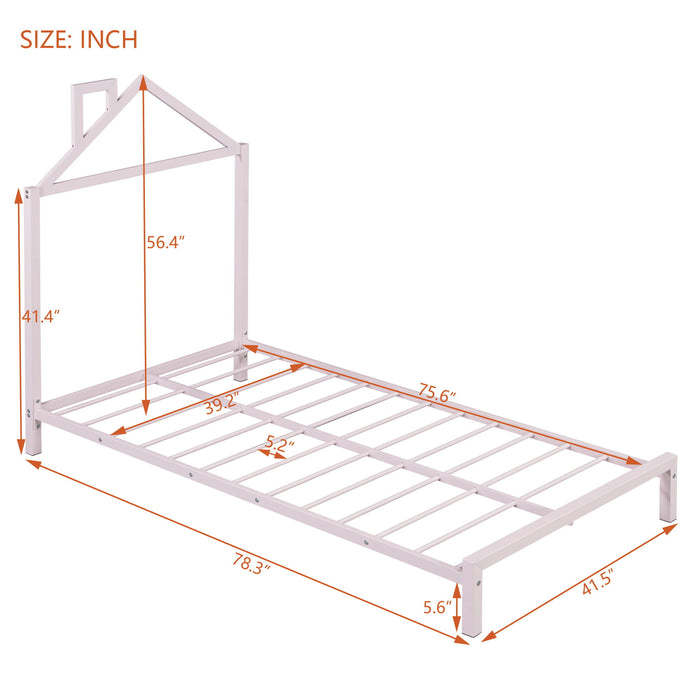 Twin Size Metal Platform Bed With House-Shaped Headboard Design