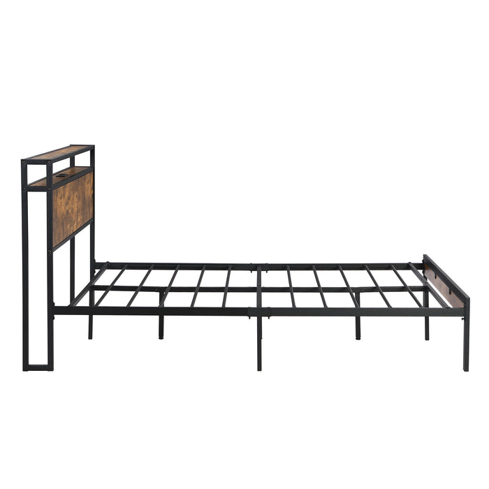 Queen Size Metal Platform Bed Frame With Wooden Headboard And Footboard With USB Liner, No Box Spring Needed - Brown