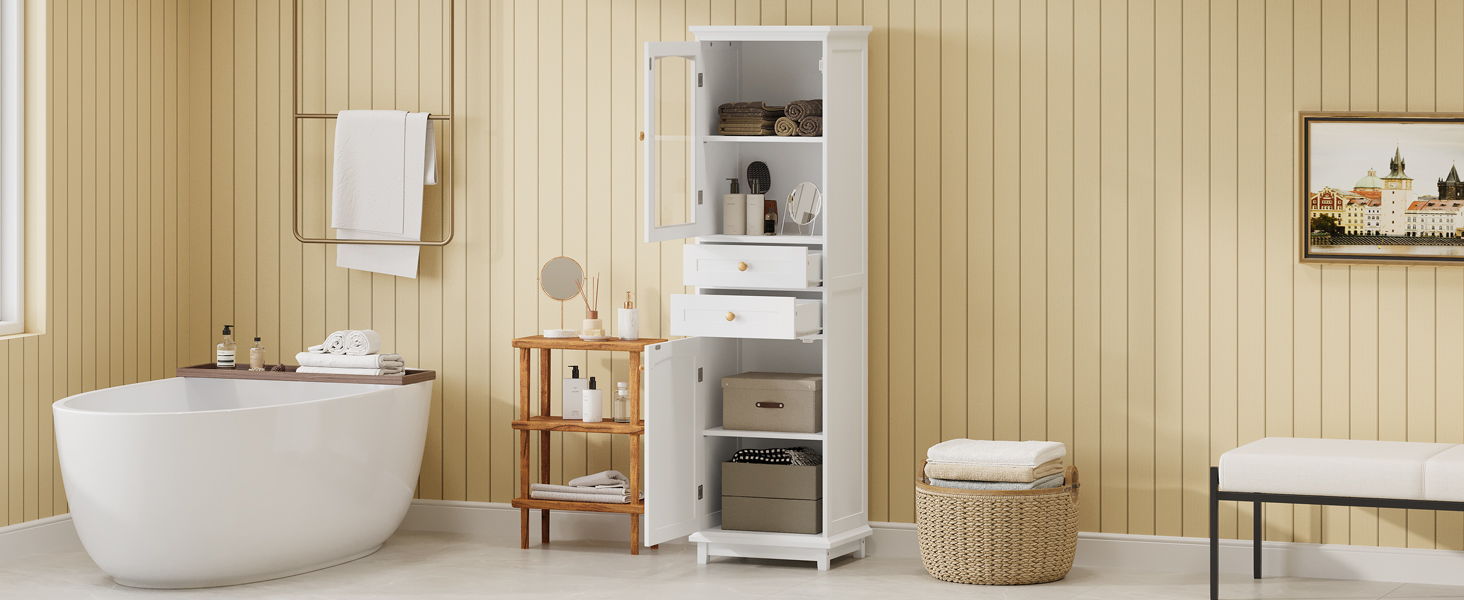 Tall Bathroom Storage Cabinet With Glass Doors, Free-Standing, Two Drawers, And Adjustable Shelves, MDF Board, Painted Perfect For Displaying Your Favorite Items