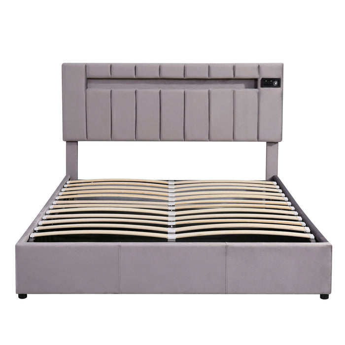 Queen Size Upholstered Bed With Led Light - Bluetooth Player And USB Charging, Hydraulic Storage Bed