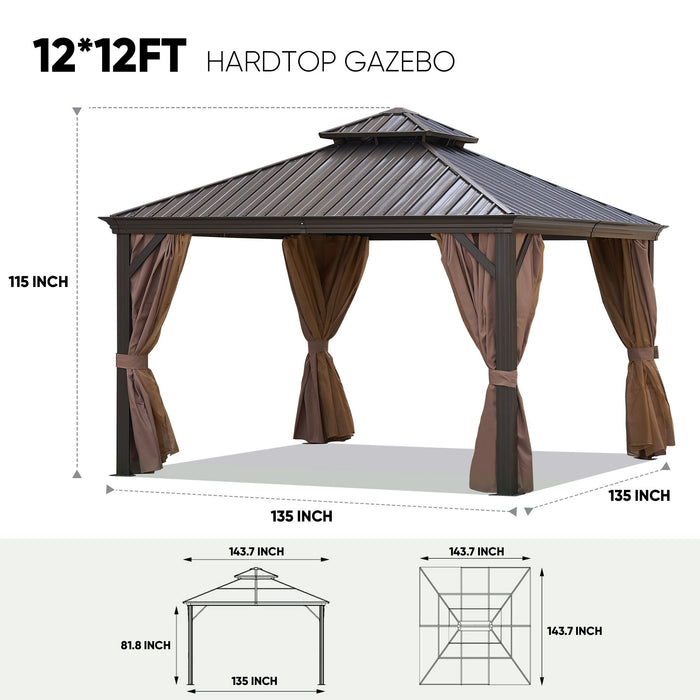 Gazebo Double Roof Canopy With Netting And Curtains, Outdoor Gazebo 2 Tier Hardtop Galvanized Iron Aluminum Frame Garden Tent For Patio, Backyard, Deck And Lawns