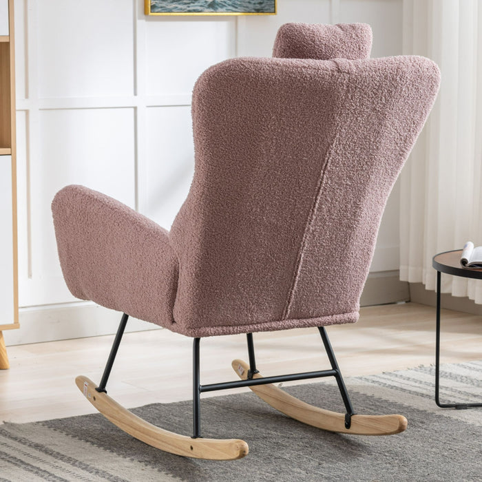 Rocking Chair With Pocket, Soft Teddy Fabric Rocking Chair For Nursery, Comfy Wingback Glider Rocker With Safe Solid Wood Base