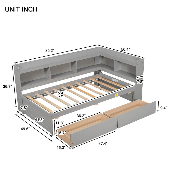 Twin Bed With L-Shaped Bookcases, Drawers - Gray