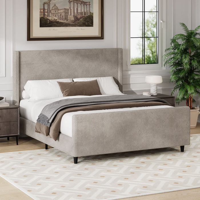 Corduroy Upholstered Bed Frame With Vertical Stripe Wingback And High Footboard No Box Spring Needed