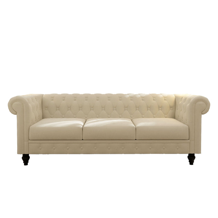 Chesterfield Sofa, 3-Seater Plush Fabric With Tufted Buttons And Wooden Legs, Classic Design - Beige