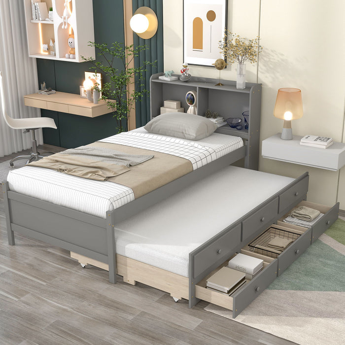 Twin Bed With Twin Trundle, Drawers - Gray