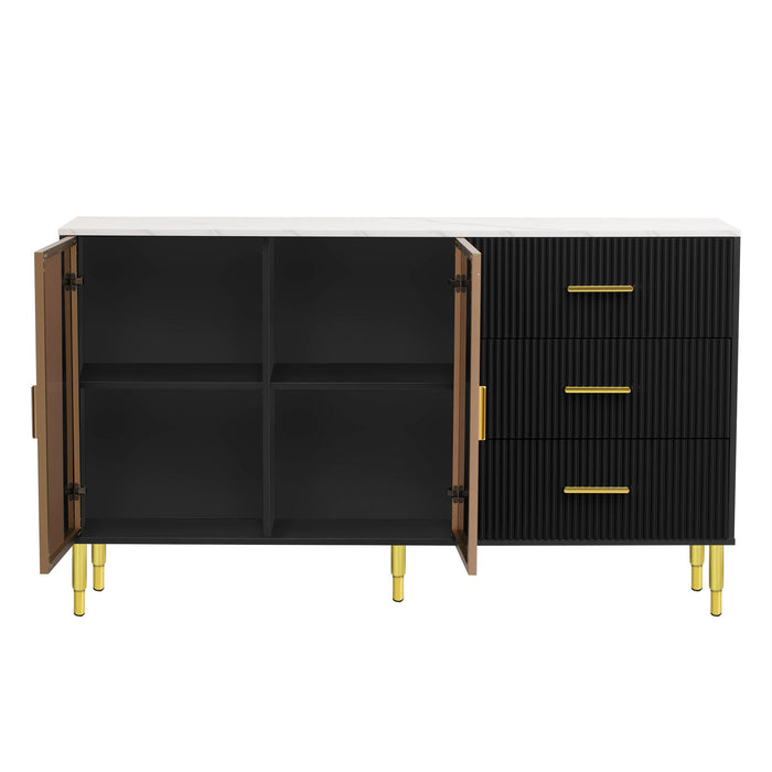 Modern Sideboard Buffet Cabinet Marble Sticker Tabletop And Amber-Yellow Tempered Glass Doors With Gold Metal Legs & Handles