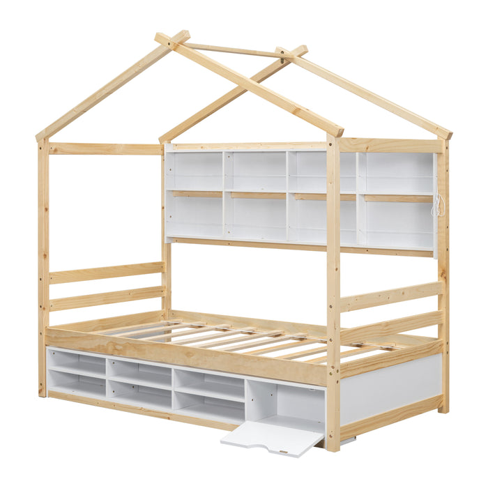 House Bed With Roof Frame, Bedside-Shelves, Under Bed Storage Unit