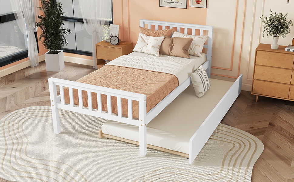 Twin Bed With Trundle, Platform Bed Frame With Headboard And Footboard, For Bedroom Small Living Space, No Box Spring Needed